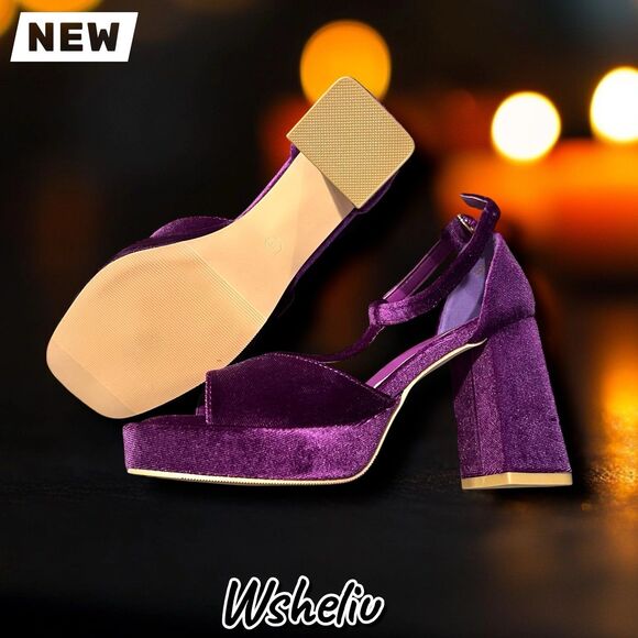New Wsheliu Purple Velvet Platform Block Heel Sandals – Size 6 - Picture 3 of 10